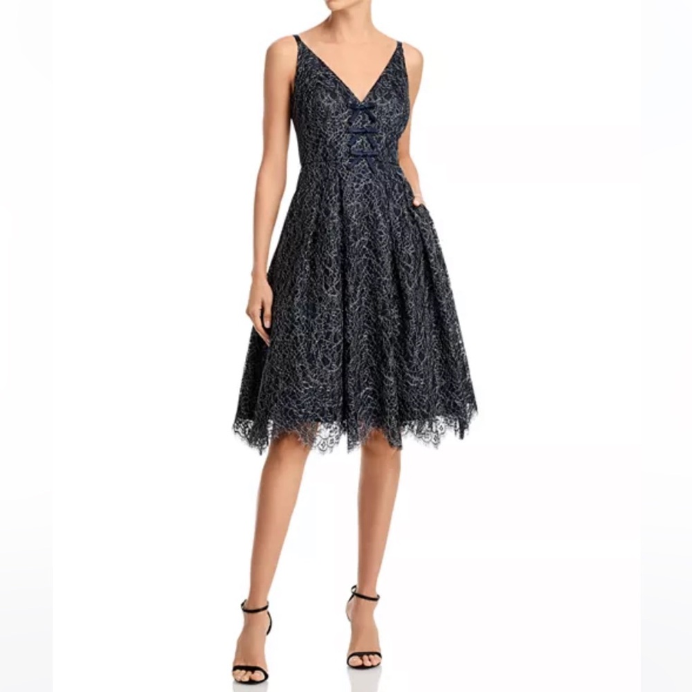 NWOT Eliza J Bow Trim Fit and Flare Dress (Navy, 12)